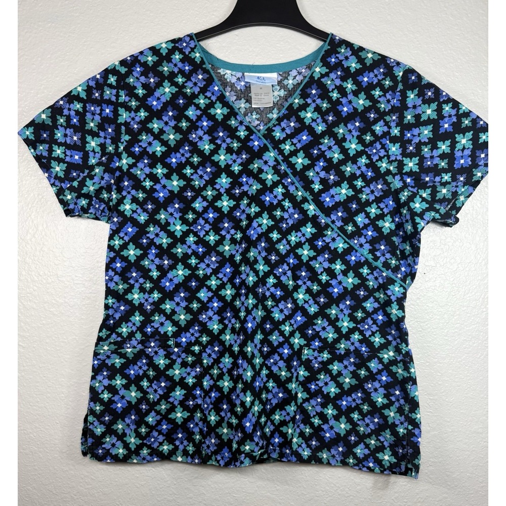 SB Scrubs Top Womens Medium Black Teal Purple Floral Pattern V-Neck Short Sleeve